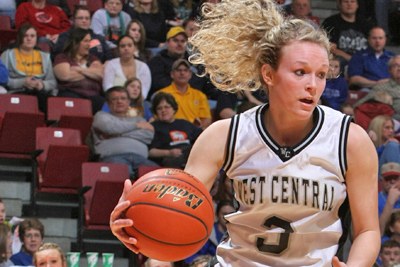 West Central player looks as she dribbles.