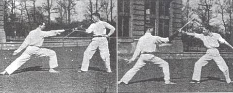 Hyde Park 1931 team members demonstrating fencing moves